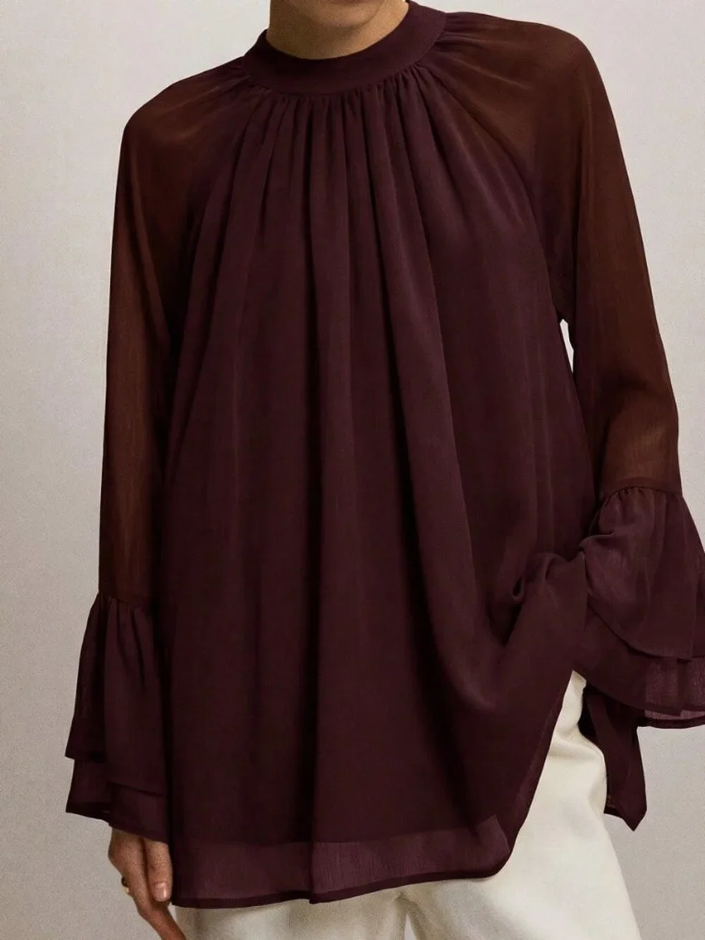 Brown Elegant Women's Minimalist Loose Pleated Flare Sleeve Blouse